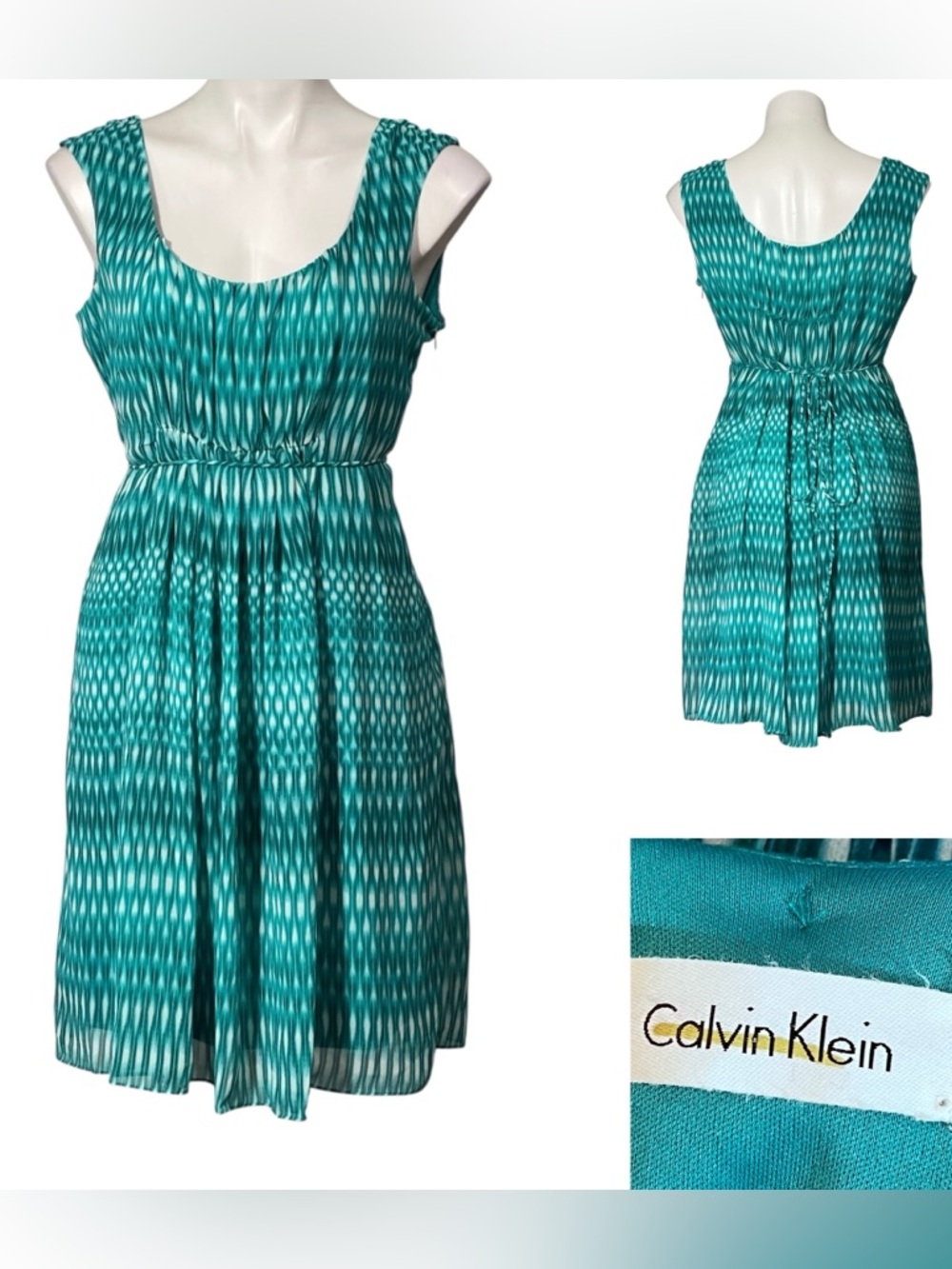 Calvin Klein dress sz 12 Teal green Geometric Sleeveless tie-waist office summer